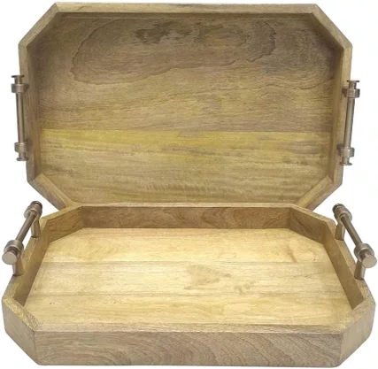 Bandeja de Madeira C/Alça Natural C/alça Metal Bronze