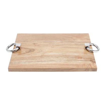Bandeja de Madeira Retangular com Alça de Aço Inox