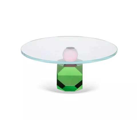 Boleira em Vidro C/Base Cristal Facetada Verde/Rosa