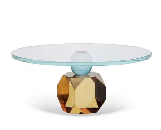 Boleira em Vidro com Vase em Cristal Facetada Âmbar e Azul