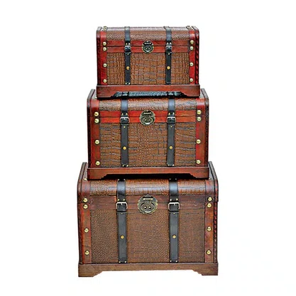 Conjunto de Baús de Madeira e Couro 3Pçs