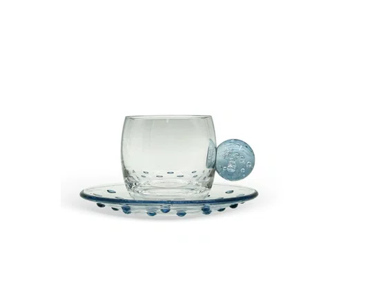 Jogo de 6 Xicaras C/Pires em Vidro e Detalhe em Esferas Azul 120ML