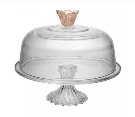 Prato P/Bolo de Vidro C/Pé e Tampa Flower 30cmx29cm