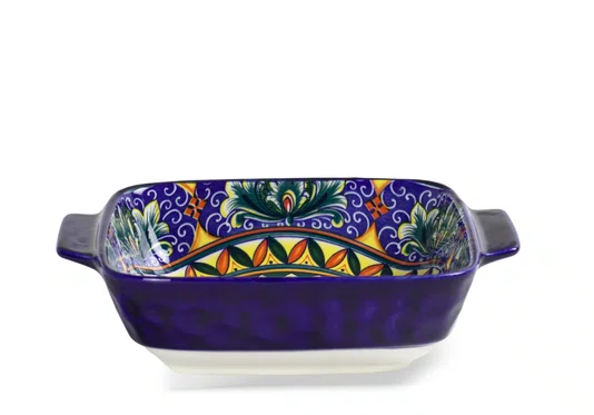 Travessa Retangular em Cerâmica Azul e Alça Amarela com Desenho Floral Interno