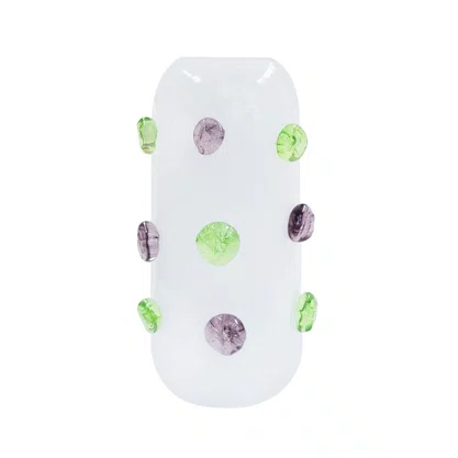 Vaso Decorativo em Vidro Branco C/Detalhes Verde e Roxo
