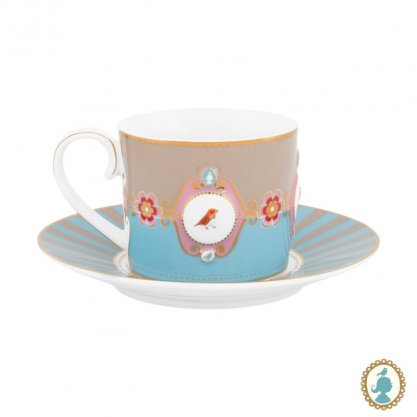 Xícara de Chá e Pires Medallion Azul/Caqui Love Birds