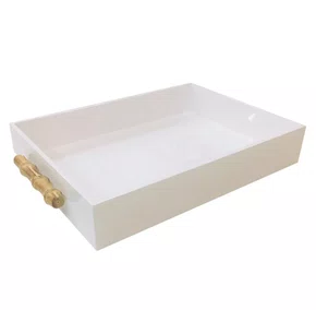 Bandeja de Laca C/Alça de Bambu Branca