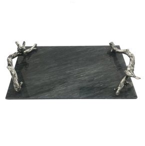 Bandeja em Pedra Preta e Prateada com Alça em Metal