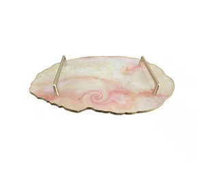 Bandeja Vidro Estilo Mármore C/Alça de Metal Dourado