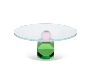Boleira em Vidro C/Base Cristal Facetada Verde/Rosa