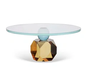Boleira em Vidro com Vase em Cristal Facetada Âmbar e Azul
