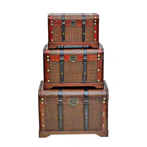 Conjunto de Baús de Madeira e Couro 3Pçs