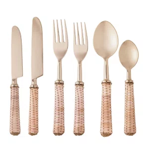 Jogo de 6 Talheres de Aço Inox Cabo Rattan Dourado