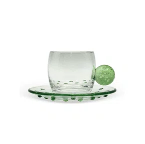 Jogo de 6 Xicaras C/Pires em Vidro e Detalhe em Esferas Verde 120ML