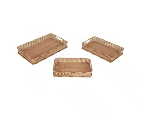 Jogo de Bandejas de Rattan e Madeira Marrom 3Pcs