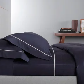 Kit Capa p/ Edredom Queen 500 Fios Buddemeyer Luxus Nilo Azul Marinho c/ ponto cheio Bege 3 peças