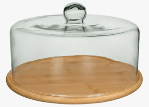 Prato de Bolo Bambu C/Tampa de Vidro