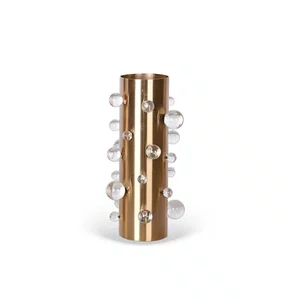 Vaso Decorativo Metal e Esferas em Cristal Transparente e Dourado