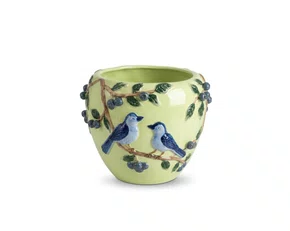 Vaso Decortico em Cerâmica Pássaros e Blueberry Verde e Azul