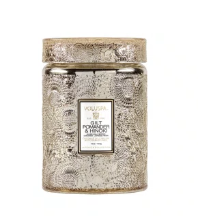 Vela Pote Vidro G 100H Tampa de Vidro Relevo Gilt Pomander e Hinoki