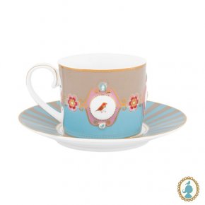 Xícara de Chá e Pires Medallion Azul/Caqui Love Birds